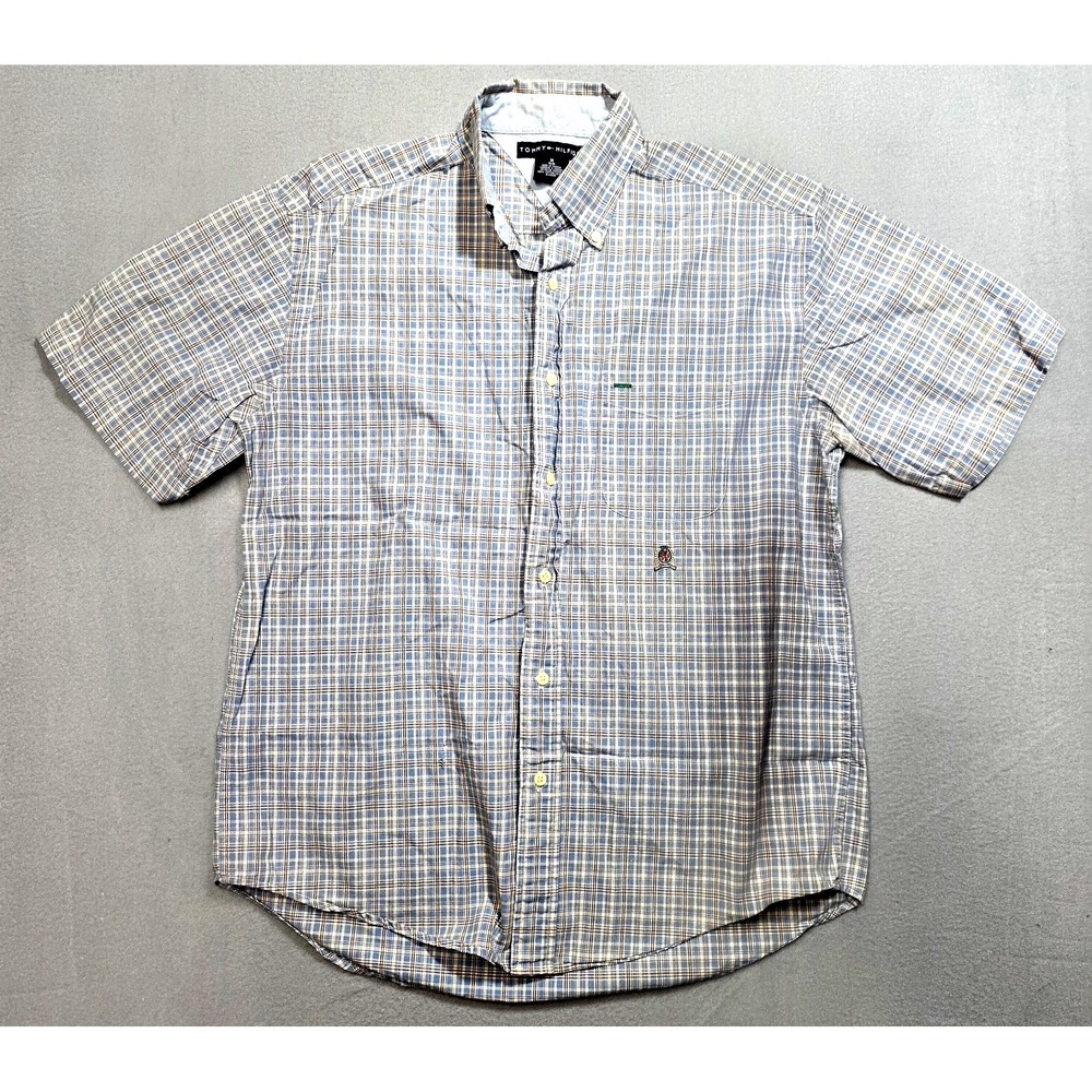 Tommy Hilfiger Shirt Mens M Blue Plaid Short Sleeve Button Down Cotton Casual